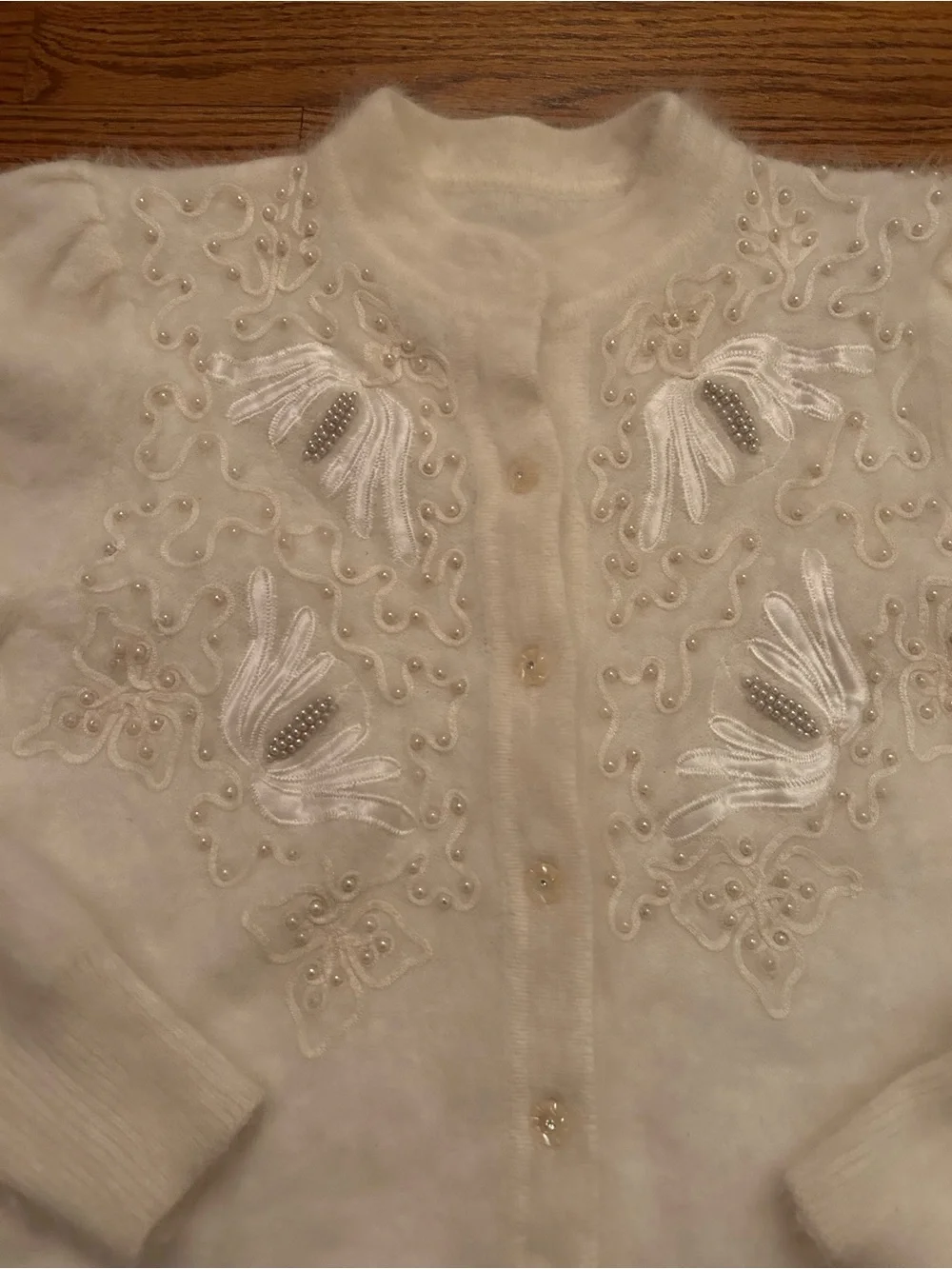 Women’s Soft Cream Beaded Angora Blend Retro Inspired Grandmacore Cardigan